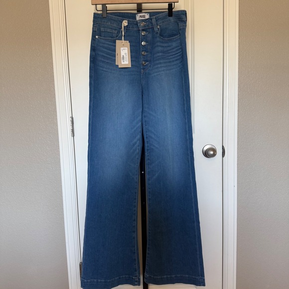 Paige Leenah Slim Wide Leg Jeans Glowing Waves Button Fly 30 NEW High Rise - Picture 3 of 11